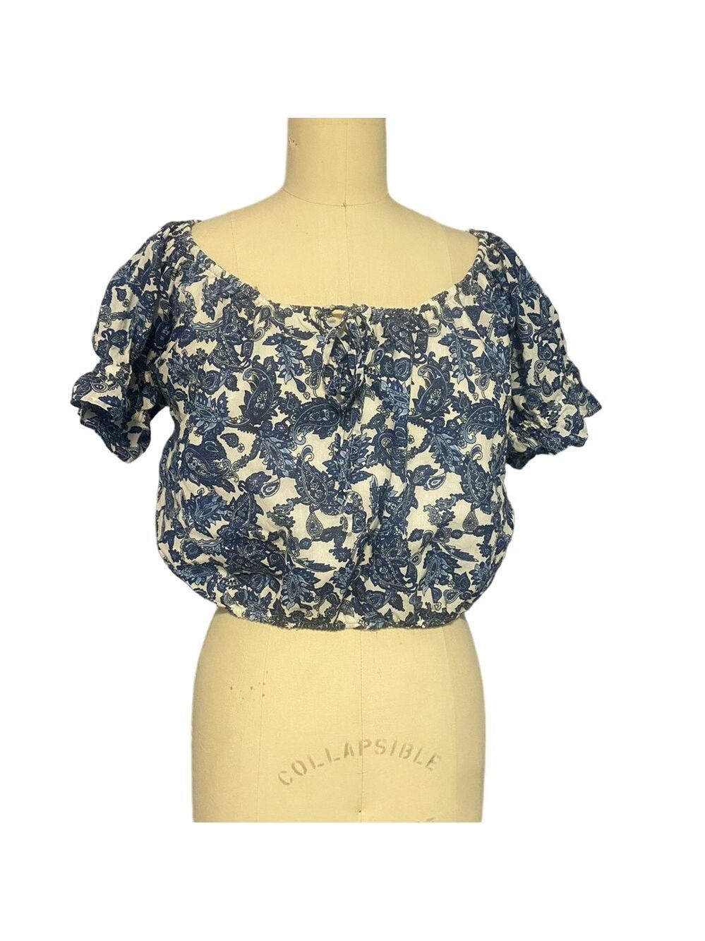 Tahari Blue White Floral Crop Top Blouse Tie Front Women’s Size M